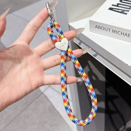 Färgglatt vävt mobilskal med hängande rep, nyckelring, anti-förlust handledsrep, mobilkedja DIY polyester hjärtformat kort rep