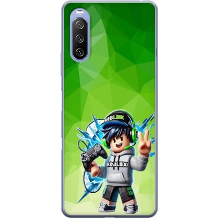 Kompatibelt Mobildeksel til Sony Xperia 10 III Roblox-inspirert gamerfigur med headset, håndkontroll og energiske effekter mot grønn bakgrunn