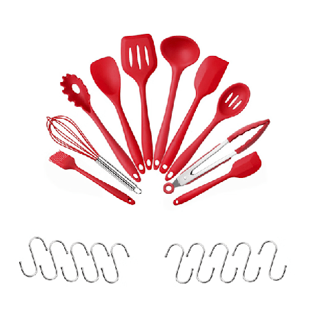 20 st Silikon Köksredskap, Matlagningsverktygsset Värmebeständiga Silikon Köksredskap, Non-Stick Köksbakningsverktyg 10 Set + 10 S-krokar - Röd