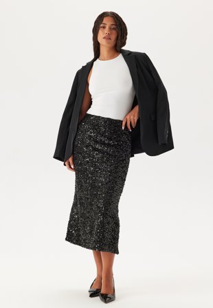 Pieces - Pcserena Sequin Hw Midi Skirt - Black Detail:black Detail - Kläder - - Bubbleroom