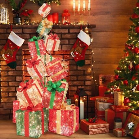 COSTWAY 15 Gaveæsker Jul Decoration Udendørs 170cm Stablet på Metalstang 450 Lyskilder, Bånd og Sløjfer Metalbase