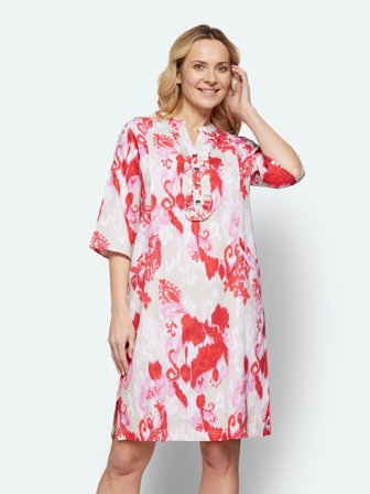 SIGNATURE - Hør Kjole - Rød Mix - Mønstret - Flæsedetalje