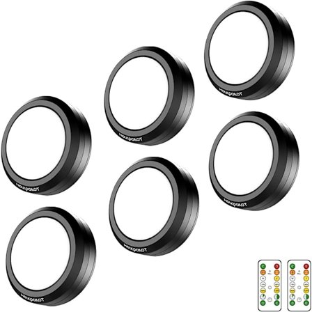 Puck-lys med fjernkontroll, LED-belysning under skap/benk, dimbare skaplys, selvklebende lys (6-pakning)