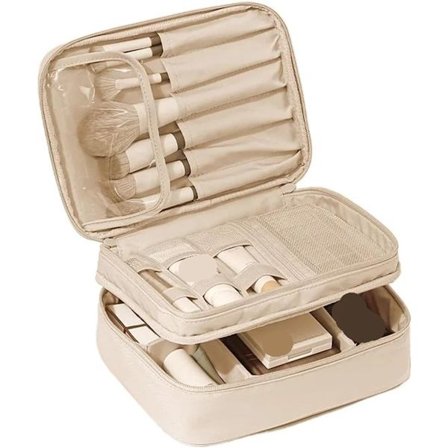 Stor makeup taske til rejser med børsteholder og rum, dobbelt lag i beige, stor kapacitet til kosmetik og toiletartikler