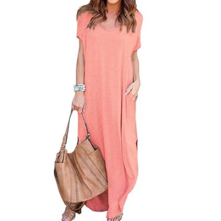 Lang kjole Lige nederdel V-hals Pocket Split Dress Nude Pink L