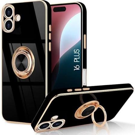 Cover til iPhone 16 Plus - Stødsikker TPU Silikone med Roterende Ring Holder Sort