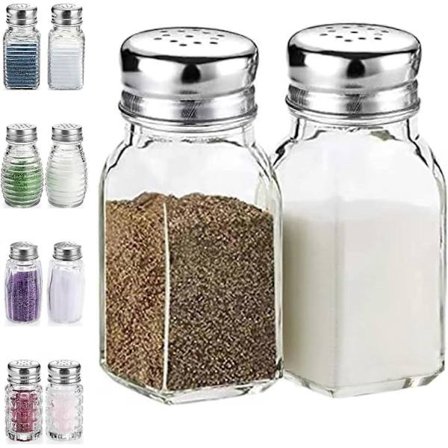 Salt- och pepparkar set, saltkar med rostfritt lock, kryddburkar i glas, genomskinliga salt- och pepparkar