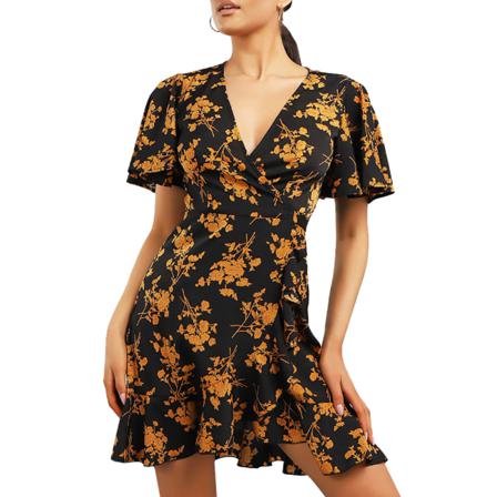 Sommar Sexig V-ringad Print Kvinnor Klänning Tie Kort Ärm Boho Beac