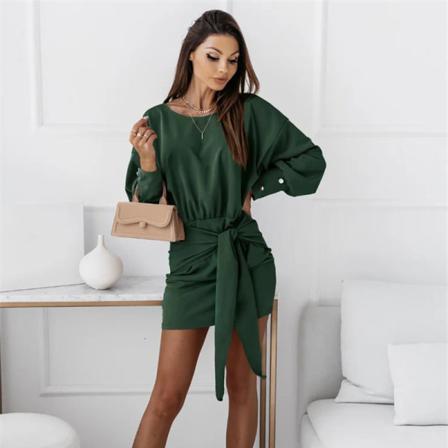 Knot Front Belt Solid Bodycon Dress Autumn Drop Shoulder Long S