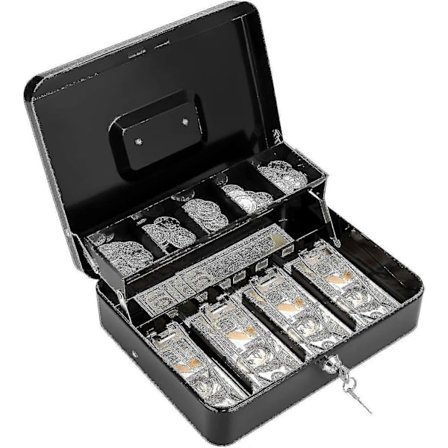 Kontantboks med lås, nøkkel og myntbrett, stor pengeoppbevaringsboks