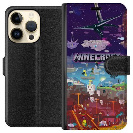 Kompatibel Tegnebogsetui til Apple Apple iPhone 14 Pro Minecraft-verden med eventyrkarakterer og ikoniske miljøer, farverige blokmotiver