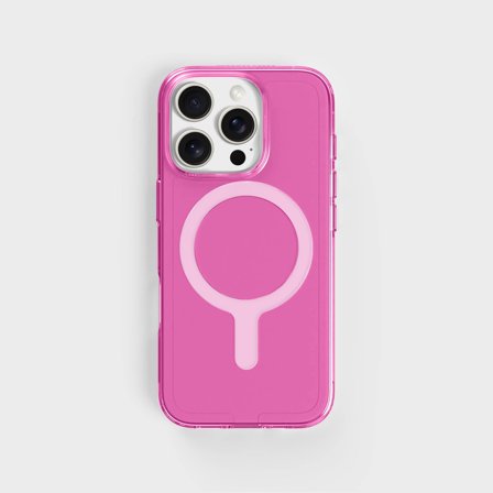 Nachhaltige, pinkfarbene, transparente Hülle und weißer MagSafe-Ring, iPhone 16 Pro