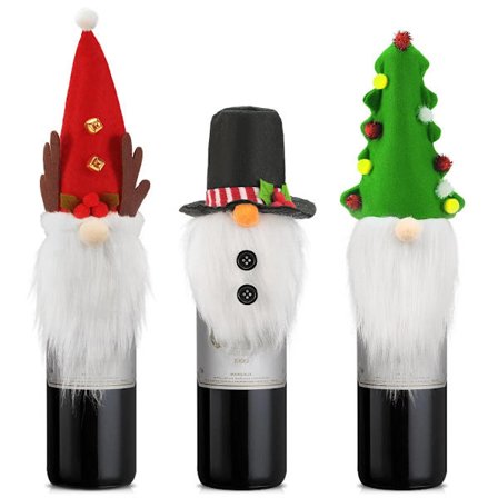 3-pack Jultomte Vinflaskor - Svenska Tomtedesigner (Jultomte, Snögubbe, Gran), Festliga Toppar för Vinflaskor, Idealiska