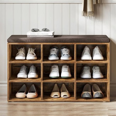 Oppbevaringsbenk med polstret sete og 9 rom - rustikk brun