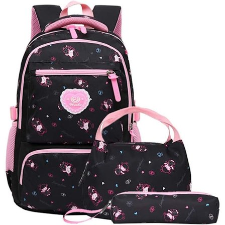 3-delad ryggsäck med hjärttryck - Primär skolväska, reseryggsäck, axelväska, pennfodral - svart