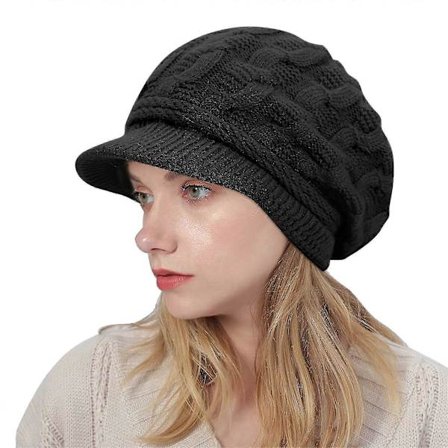 Mössor för kvinnor - Termisk stickad vintermössa Fleecefodrad dam Basker Varm stickad ullmössa Virkad skärmmössa med skärm GS