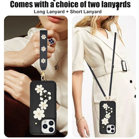 Kotelo iPhone 13/14:lle, musta, pitkä köysi, lyhyt köysi, putoamista estävä korttipidike