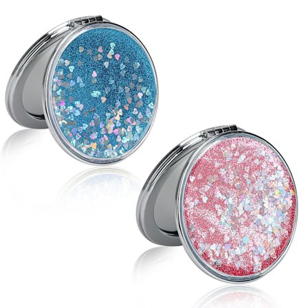 2-pack kompakt kvicksand fåfänga spegel, dubbelsidig bärbar hopfällbar metallficka rund spegel, rese mini handhållen förstorande fåfänga spegel (blå