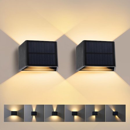 Sett med 2 solcelledrevne vegglamper, 3000K vintage utendørs vegglampe, justerbar opp og ned, IP65 vanntett solcellelampe