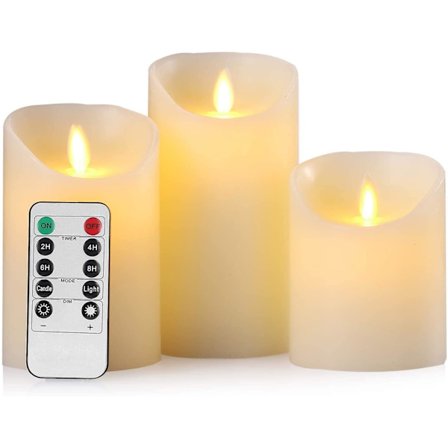 Sæt med 3 ægte voks elektriske LED-flammeløse stearinlys med fjernbetjening og 24-timers timer (d: 8 x H: 10 x 12,5 x 15 cm)