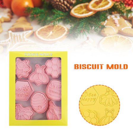 8 st Cartoon Bee Cookie Stencil 3D Kex Stencil Plast Baking Stencil