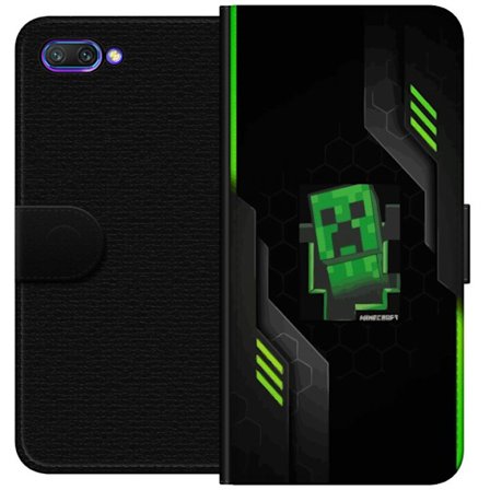 Kompatibelt Plånboksfodral till Honor Honor 10 Grön pixelbaserad creeperliknande spelillustration med futuriska neoninslag och mörk techbakgrund pe