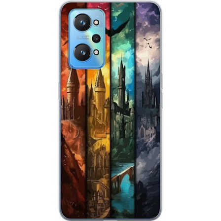 Kompatibel Mobilcover til Realme Realme GT Neo2 Fire magiske slotte i forskellige elementfarver, episk fantasykunst med ild vand luft og mørke i deta
