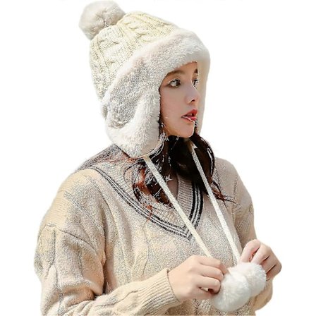 Dame Peruviansk Øreklaff Lue Strikket Pom Vinter Snø Ski Lue Med Fleecefôr C