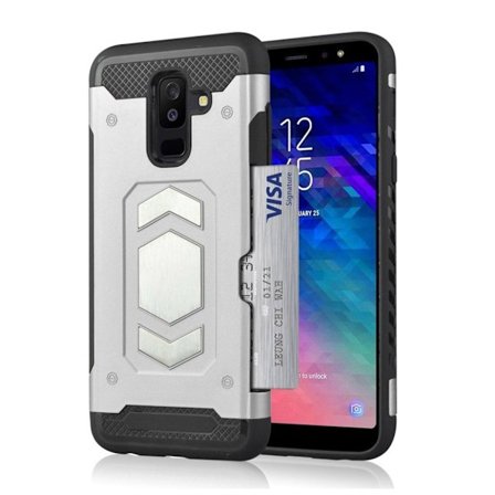 Samsung Galaxy A6 Plus (2018) mobiletui i kombimaterialer med indbygget kortlomme - Sølv