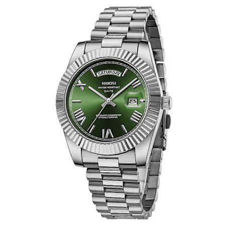 NIBOSI 2628 Mote Herre Stålrem Kalender Quartz Klokke - Sølvrem Svart Urskive