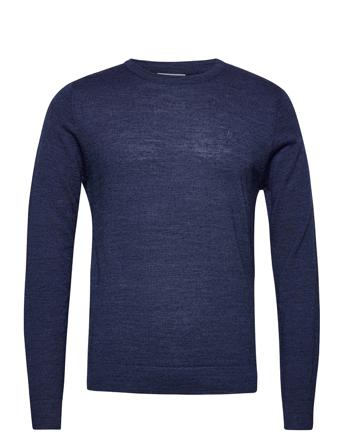 Merino Knit O-Neck Strikkegenser M. Rund Krage Blå Lindbergh