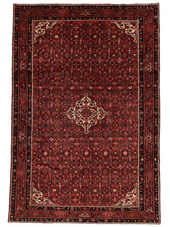Handgeknoopt Hosseinabad Vloerkleed 212X310 Perzisch Wol Zwart/Donkerrood