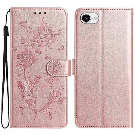 For iPhone 16e Wallet Case Rose Mønster Præget Læder Flip Stand Telefon Cover