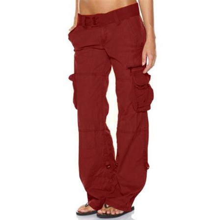 Kvinnor Raka Ben Bottom Elastisk Midja Cargo Byxa