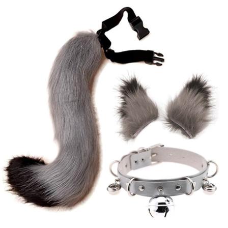 Kissan korvat ja ihmissusieläimen hännän cosplay-asu - täydellinen gray black 65cm