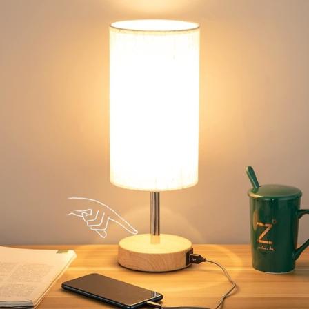 Sängbordlampa med USB-port - Touch-styrd bordslampa för sovrum Trä 3-vägs dimbar nattdukslampa med rund