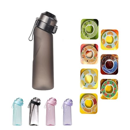 Air Water Up Smakstilsatt Vannflaske, inkluderer 7 smaks kapsler, matt svart, 650ml, vannflaske for camping og sport, transparent svart.