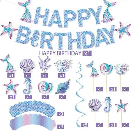 Mermaja syntymäpäiväbanneri, merenneitojuhlatarvikkeet, pieni merenneito syntymäpäiväkoriste