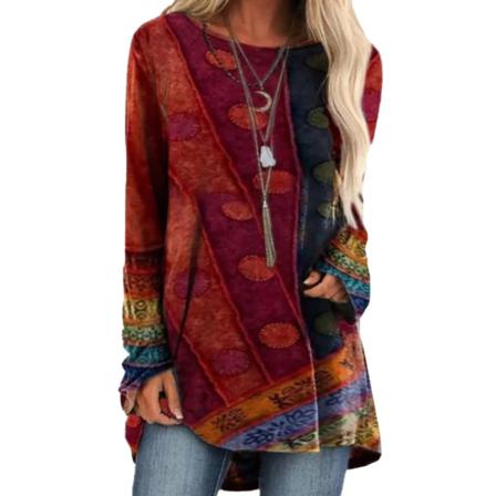 Dam S T-shirt Retro Print Loose Fit Round Neck Långärmad Till