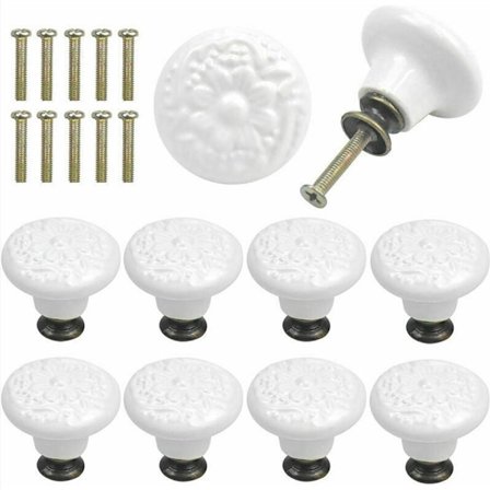 10 keramiske skuffeknopper med vintage gravering, rundt møbelhåndtag med skruer - hvid