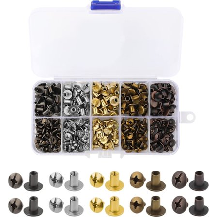 150 sett Chicago-skruer, 8 mm flate skruer nagler bindeskruer lær, nagler læskruenagler med oppbevaringsboks for håndverk