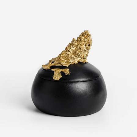 Musta polyresiinisäilytyslaatikko kultaisella kukkakannella