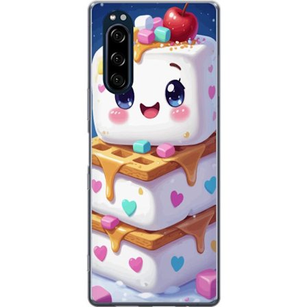 Kompatibelt Gjennomsiktig deksel til Sony Xperia 5 Søt marshmallowfigur med hjerter, vafler, sirup og fargerike biter skaper et lekent dessertmotiv i