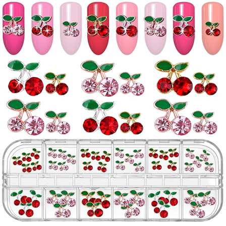 48 stk. Kirsebær Negle Charms, 3d Kirsebær Rhinestones Røde Pink Frugt Diamant Krystal Negle Studs Legering Negle Smykker Til Kvinder Negle Kunst 