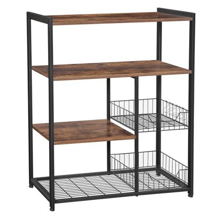 Bagebord / køkkenø med 2 metalkurve, hylder og kroge - rustik brun