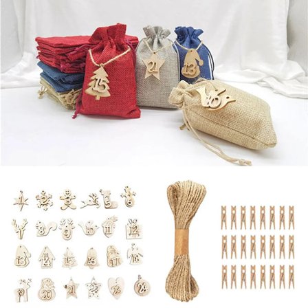 24 adventskalendere til å fylle, adventskalender stoffpose med 1-24 lerretsposer juteposer