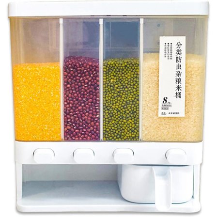 Kuivaruoka-annostelija, 4 lokeroa, läpinäkyvä riisilaatikko, keittiösäilytys, keittiön järjestys, riisi ja pavut