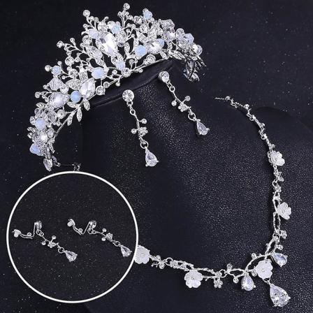 Bryllup Crown Flower Rhinestone Crystal halskæde og øreringe smykker sæt til brude 2