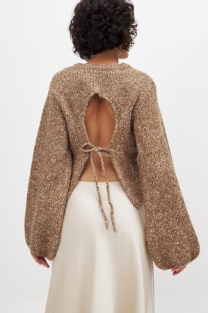 NA-KD Knitted Open Back Balloon Sleeve Sweater - Cut Out Sweaters - Brun - XS (EU 32)