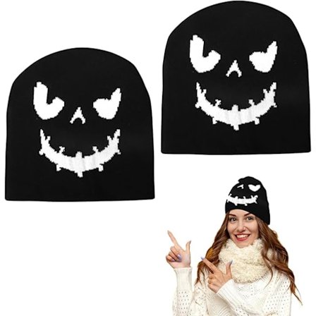 2-pak Halloween Beanie Hatte til Voksne Græskar Ansigt Strikket Hue Sjov Thanksgiving Halloween Dekoration Tilbehør
